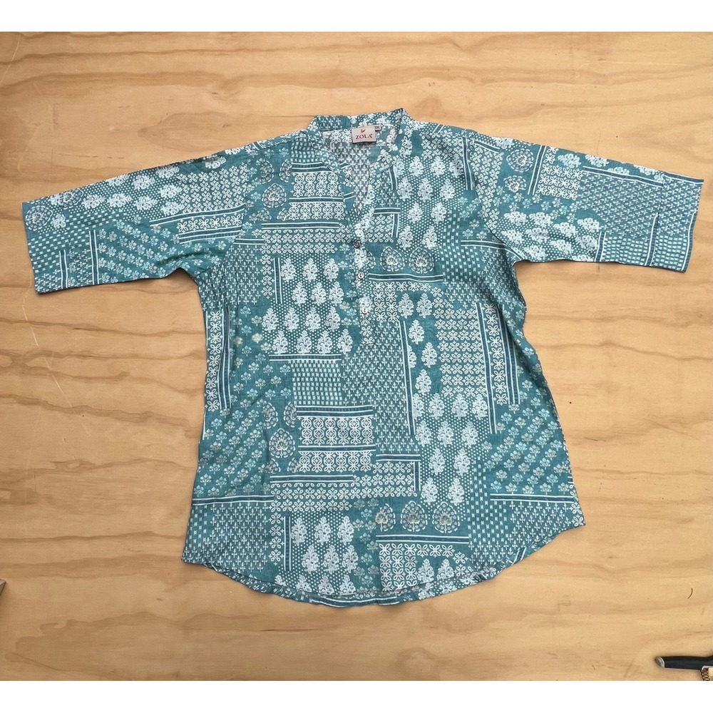 Zola Teal Patchwork Print Tunic Top XXL Metallic Floral Henley Elbow Sleeve